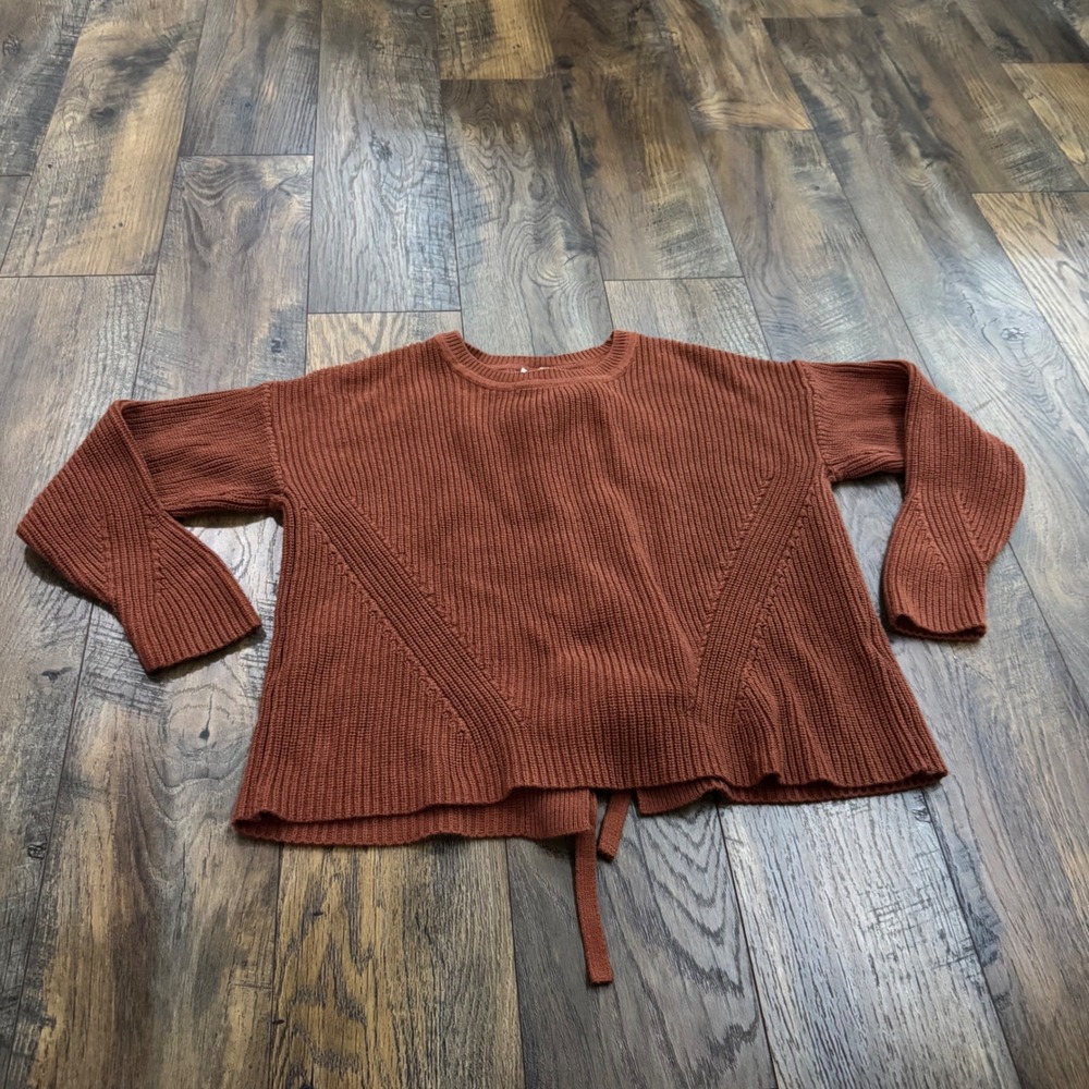 Lucky Brand Rust Brown Cotton Ribbed Lace Up Back Sweater M 100% Cotton Boho